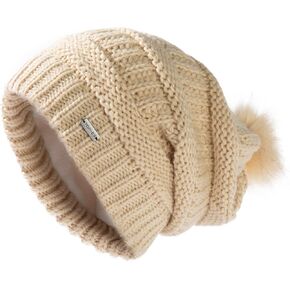 TOP-EX 100% Merino Wool Winter Slouchy Beanie for Women with Faux Fur Pom - Satin or Fleece Lined Hats for Cold Weather
