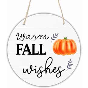 Autumn Circle Wooden Hanging Decorative Plaque - Warm Fall Wishes - Welcome Sign for Home Front Door Wall Porch Decor - 10 Inches Rustic Round Art Hanging with Rope - A03