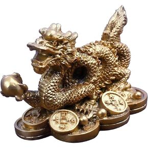 Golden Feng Shui Dragon on Money Coins Figurine Statue Coins Attract Money and Good Luck Fortune for Home Office Décor and Gift