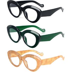 MMOWW Oversized Cat Eye Reading Glasses for Women 3 Pairs Thick Frame Blue Light Blocking Glasses Stylish Computer Readers
