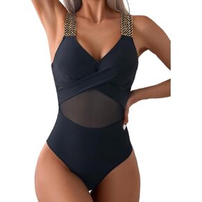WDIRARA Women's One Piece V Neck Colorblock Twist Swimsuit Tummy Control Beachwear