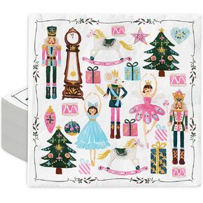 AnyDesign 80 Pack Christmas Paper Napkins Pink Nutcracker Disposable Napkins Watercolor Luncheon Dinner Napkins for Xmas Birthday Party Supplies Table Decor, 6.5 x 6.5 Inch
