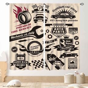 Garage Curtains, Retro Vintage Man Cave Repair Vehicle Garage Tools Shed Workshop Car Themed Room Decor Window Drapes Treatments for Boys Men Teen Bedroom Living Room 2 Panels Set, 42"x45" Inch