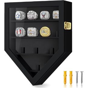 Wooden Championship Ring Display Case: 12 Ring Posts Sports Ring Display Case - Sport Ring Box Wall Ring Display for Baseball Football Softball Award Rings (12)