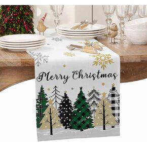 Christmas Tree Table Runner 13x90 Inches Long Buffalo Plaid Xmas Tree Table Runners Cotton Linen Golden Snowflake Dresser Scarf Kitchen Dining Table Decor for Seasonal Winter Holiday Party Coffee