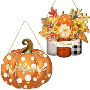 Amyhill 2 Pcs Lighted Fall Welcome Sign for Front Door LED Wood Pumpkin Maple Leaf Hanging Decor Thanksgiving Wooden Door Decorations for Autumn Harvest Farmhouse Home Porch