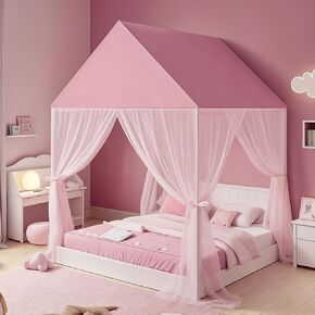 Princess Bed Canopy - Play Tent Bed Canopy Princess Castle Dreamy Playhouse Mosquito Net for Girls Reading Nook Canopies Breathable Canopy Bed Curtains for Kids(Twin,Pink)