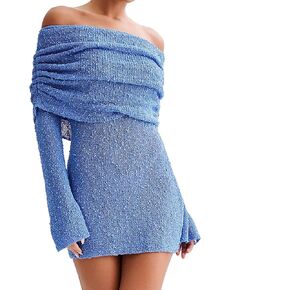 Womens Elegant Off The Shoulder Knit Sweater Dress Sheer Flare Long Sleeve Cute Mini Dress in Kuwait