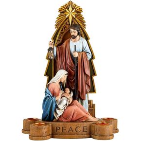 Good News Holy Family Advent Candleholder with Engraved Scripture, Religious Christmas Figurine for Indoor, Christmas Decorations for Home, 10.75 Inch