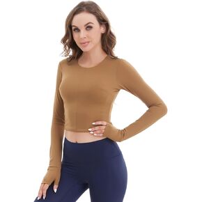 Womens Gym Tops Long Sleeve Sports T-Shirt with Removable Pads Fitness Slim Fit Thumb Holes Yoga Sportwear Running Shirt