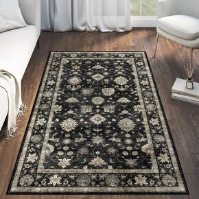 Washable Area Rug 8x10 - Large Charcoal Black Boho Rugs for Living Room Soft Vintage Bedroom Rug Ultra-Thin Traditional Floral Carpet Stain Resistant Rug for Dining Room Guest Room Home Decor