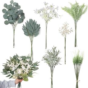 مجموعة صناديق سيقان خضراء اصطناعية مكونة من 65 قطعة، مع 7 أنواع من النباتات الصناعية والزهور والفروع الخضراء من الأوكالبتوس لباقات الزفاف المزخرفة وترتيب زهور الزفاف وتزيين قطع مركزية للطاولات in Kuwait