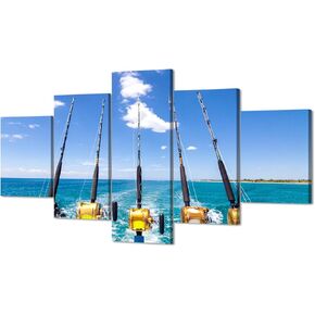 ARNLRDYA Fishing Boats on Sea Wall Art Canvas Print Decorations Fishing Rod and Reel Poster Fishing Boats on the Sea Paintings for Living Room Home Fish Picture Framed Ready to Hang(60''Wx32''H)