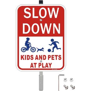 (3Pack) Slow Down Signs for Street with Stake 36" Tall, Kids Playing Sign for Street 14" x 10" Reflective Aluminum, UV Printing, Rust&Fade Resistance, Easy to install