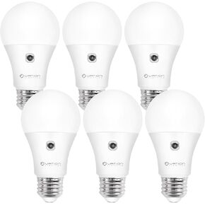 A19 Dusk to Dawn Sensor LED Light Bulbs Outdoor, Daylight 5000K, Energy Efficient 9W(60 Watt Equivalent), E26 Standard Base, Auto on/Off Photocell Automatic, 25,000 Hour Lifetime, 6-Pack