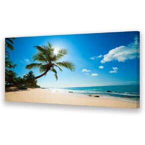 Muolunna X0662 Large Canvas Wall Art Summer Ocean Waves Prints Coconut Trees Beach Seascape Painting Hawaii Sea Nature Pictures Stretched and Framed for Living Room Home Office Wall Decor Artwork