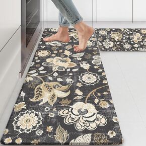 Gray Paisley Floral Kitchen Mats for Floor Cushioned Anti Fatigue Kitchen Rugs Sets of 2, Non Slip Waterproof Black Kitchen Floor Mat, Comfort Memory Foam Standing Mat for Office Laundry Desk
