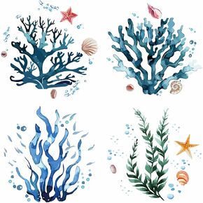 GORGECRAFT 4 Styles Coral Window Sticker Summer Seaweed Ocean Marine Themed Glass Window Decals Under The Sea Waterproof Removable Clings for Sliding Door Prevent Birds Strikes Room Decor 6.3x6.3