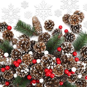 200Pcs 1.5-3 Inches Christmas Pine Cones, Mixced Snowflake Ornaments and Berry Pine Branch Set, Bulk Xmas Decorations for Winter DIY Crafts Gift Tag Party Supplies