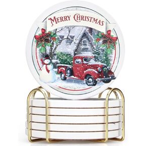 6 Pcs Merry Christmas Absorbent Coasters Gift with Holder Xmas Drink Coasters Coffee Table Coasters Cute Modern Cup Coaster Set for Christmas Vintage Bar Beverage Coasters