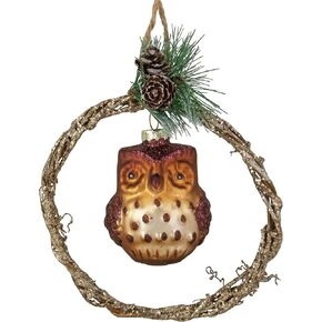 5.25" Brown Glass Owl in a Twig Wreath Christmas Ornament
