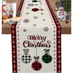 Christmas Table Runner 48 Inch Xmas Ball Buffalo Plaid Holiday Table Runners for Christmas Non-Slip Black Green Plaid Snowflake Dinner Runner Party Decorations