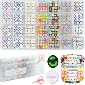 FZIIVQU Letter Beads for Bracelets Making Kit 1400pcs Alphabet Beads for Jewelry Making Set with 1200pcs 6 Colors 4x7mm Letter Beads and Acrylic Round Number Heart Smile Face Beads etc
