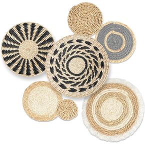 7PCS Boho Wall Baskets Set, Boho Wall Decor, Round Handmade Seagrass Rattan Wicker Wall Art Boho Room Decor Hanging Wall Basket Decor for Farmhouse Living Room Bedroom Display Table Kitchen Home