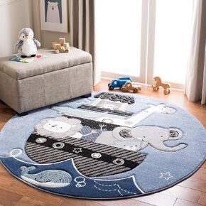 SAFAVIEH Carousel Kids Collection Area Rug - 6'7" Round, Blue & Grey, Animal Design, Non-Shedding & Easy Care, Ideal for High Traffic Areas for Boys & Girls in Playroom, Nursery, Bedroom (CRK121B)