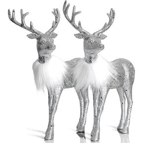 Ornativity Silver Glitter Christmas Reindeer - Xmas Holiday Party Deer Figurine Statues Dinner Tabletop Decorations Centerpiece Mantle - 12" Pack of 2