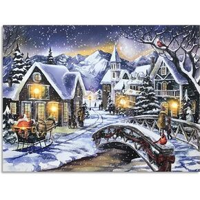 BANBERRY DESIGNS Christmas Lighted Snow Village Canvas Print - Wall Art - Snowy Village - Santa on a Horse Drawn Sleigh - Red Cardinals -16" x 12" - Battery Operated