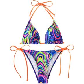 Floerns Women's 2 Piece Bathing Suit Halter Triangle Cup and Tie Side Thong Bikini Bikini Set