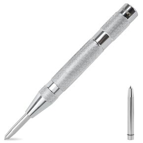 MulWark 6" Automatic Center Punch for Metal - Spring Loaded Center Punch Tool with Extra Replacement Tip - Adjustable Impact One-Handed Spring Punch for Wood, Plastic, Stainless Steel