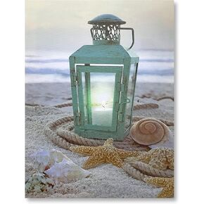 Beach Decoration - LED Canvas Print with a Teal Lantern Sitting on The Beach - Seaside with Ocean Shells and Starfish
