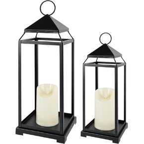Black Metal Candle Lanterns, 2Pcs Lanterns Decorative Indoor with Flameless Candles Lantern Decor Farmhouse Decoration for Home Wedding Holiday Mantelpiece Entryway Table Livingroom (No Glass)