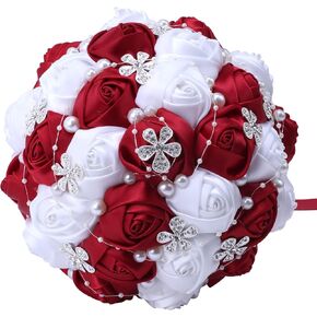 Handmade Brooch Wedding Flowers Bridal Bouquets Crystal Bride Holding Bouquet White Ivory Satin Roses with Diamond Pearl Ribbon