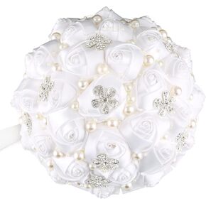 Handmade Brooch Wedding Flowers Bridal Bouquets Crystal Bride Holding Bouquet White Ivory Satin Roses with Diamond Pearl Ribbon