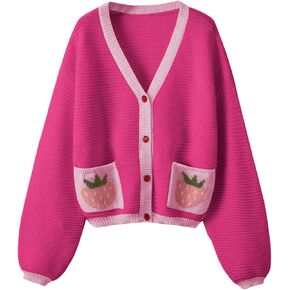 SHENHE Women's Strawberry Pattern Open Front Bishop Sleeve Casual Cardigan