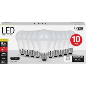 مصابيح إضاءة LED كهربائية A19 من Feit، ما يعادل 60 وات، غير قابلة للتعتيم، 800 لومن، قاعدة قياسية E26، 2700 كيلو أبيض ناعم، 80 CRI، عمر 10 سنوات، كفاءة في استخدام الطاقة، 4 عبوات، A800/827/10KLED/4
