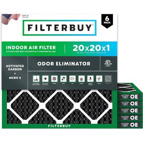 Filterbuy 20x20x1 Air Filter MERV 8 Odor Eliminator (6-Pack), Pleated HVAC AC Furnace Air Filters Replacement with Activated Carbon (Actual Size: 19.50 x 19.50 x 0.75 Inches)