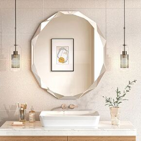 MUAUSU Beveled Edge Frameless Mirrors for Bathroom Sink 36'' X 30'' Oval Vanity Mirror Wall Mounted Scalloped Bathroom Mirror Horizontal/Vertical, Rectangle, MU2913-3