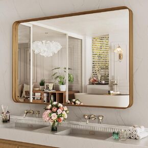 LOAAO 48X32 Inch Bathroom Mirror with Wood Grain Colored Metal Frame, Rounded Rectangle Metal Framed Bathroom Mirror, Anti-Rust, Hangs Horizontally or Vertically, Tempered Glass