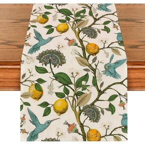 13x72 Inches Brown Lemon Tree Bird Flower Summer Table Runner - Spring Kitchen Dining Table Decoration for Home Party - Dresser Scarves Retro Rustic Style for Party - Runner for Housewarming Gifts