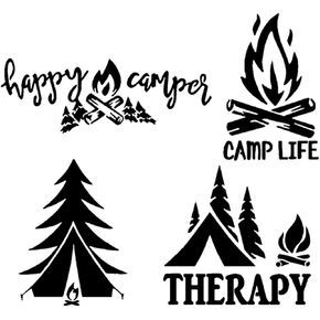 Camping Decal 4 Pack: Happy Camper, Camp Life, Therapy, Tree Tent Fire (Camping Black, Small ~3.5")