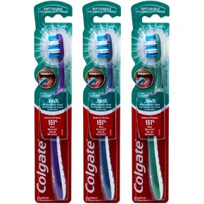فرشاة أسنان كولجيت 360 لتنظيف الفم بالكامل، رأس مضغوط للغاية، ناعمة (ألوان مختلفة) - عبوة من 3 قطع in Kuwait