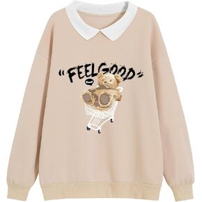 Cute Bear Sweatshirt for Teen Girls Kawaii Cartoon Graphic Collar Sweatshirts Aesthetic Print Hoodies Pullover