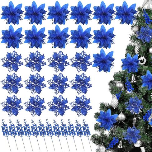 36 Pcs Hot Pink Poinsettias for Christmas Tree 2 Styles 5.5"4.5" Christmas Artificial Flower and 12 Berry Stem Glitter Christmas Tree Flower Christmas decoration Xmas Tree Ornament for Wreath Holiday in Kuwait