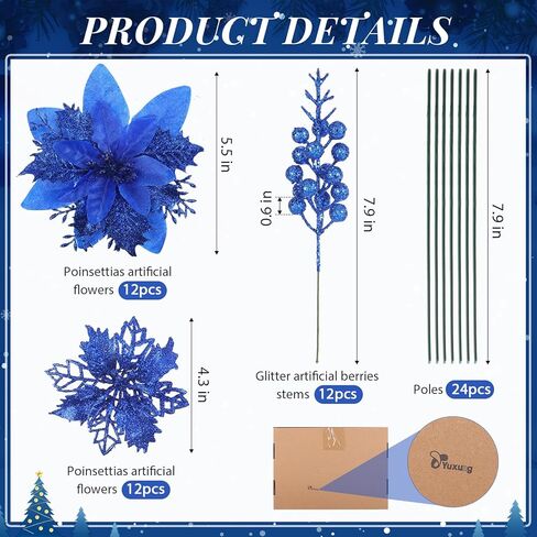 36 Pcs Hot Pink Poinsettias for Christmas Tree 2 Styles 5.5"4.5" Christmas Artificial Flower and 12 Berry Stem Glitter Christmas Tree Flower Christmas decoration Xmas Tree Ornament for Wreath Holiday in Kuwait