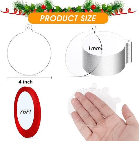 100 Pcs Clear Round Acrylic Ornaments Clear Acrylic Christmas Ornaments DIY Blank Round Acrylic Christmas Ornament with Red Ribbon for Christmas Tree Party Hanging Decoration Supplies (3 inch*100 pcs) in Saudi Arabia