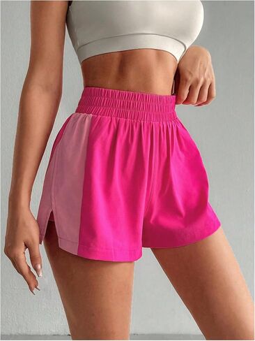 شورت نسائي فضفاض ذو خصر عالي المرونة وكتلة الألوان، شورت فضفاض للتمرين من الجانب in Saudi Arabia